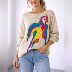 Vintage Nannell Parrot Sweater Cream Hand Knit Slouchy Size M